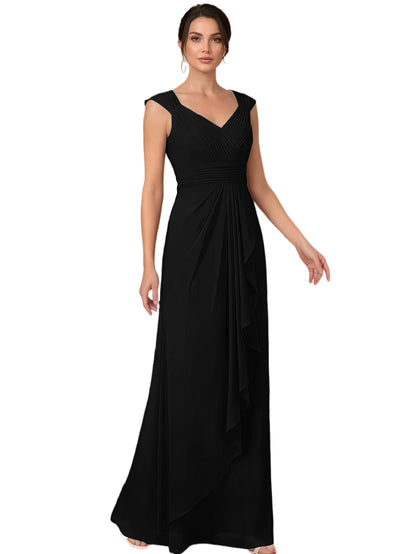 Mother of the Bride Dress Long Sleeveless V-Neck Chiffon Formal Gown with Ruffle Detail