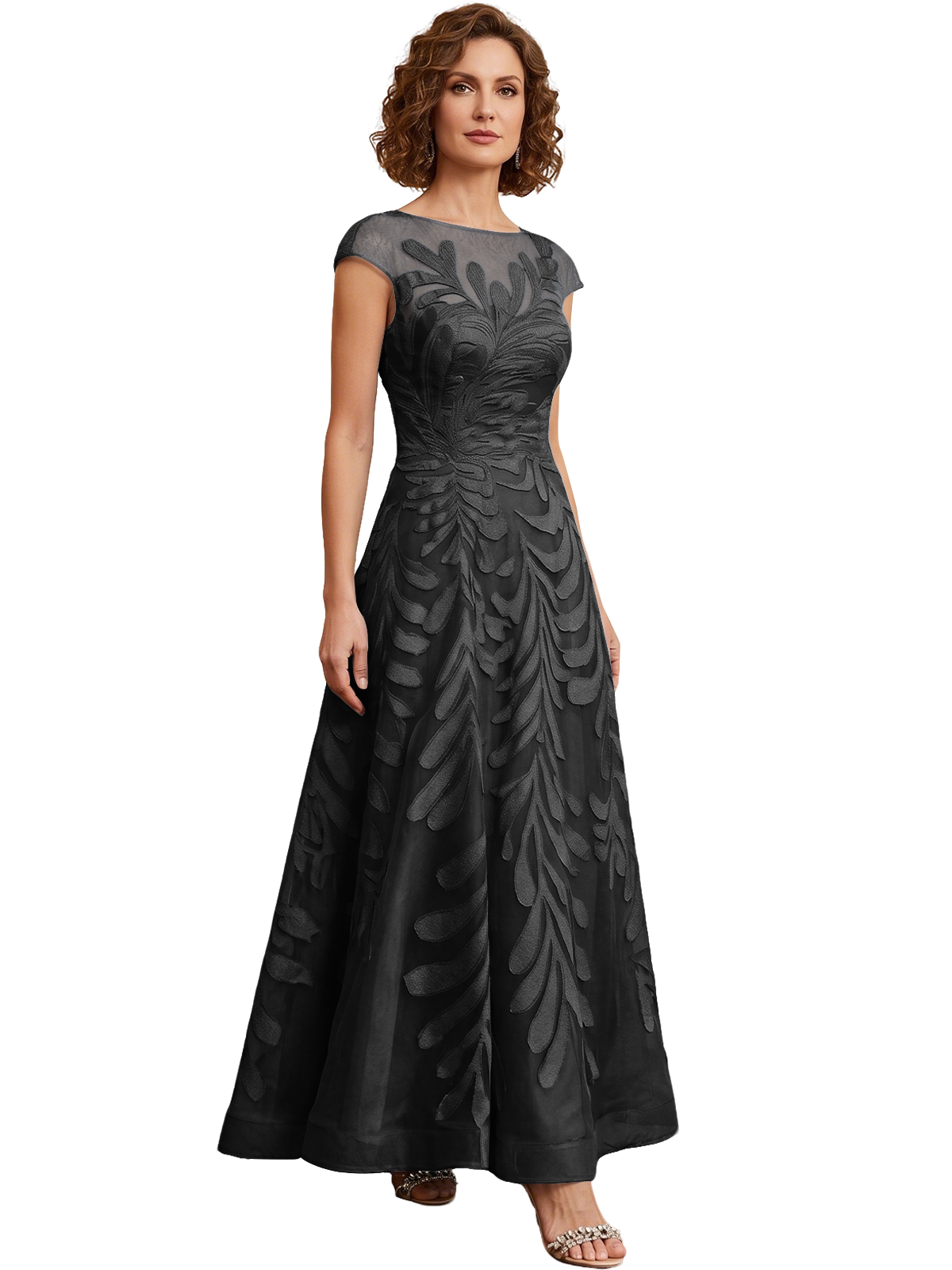 Embroidered Tulle Mother of the Bride Dress Long A-Line Gown with Illusion Cap Sleeves
