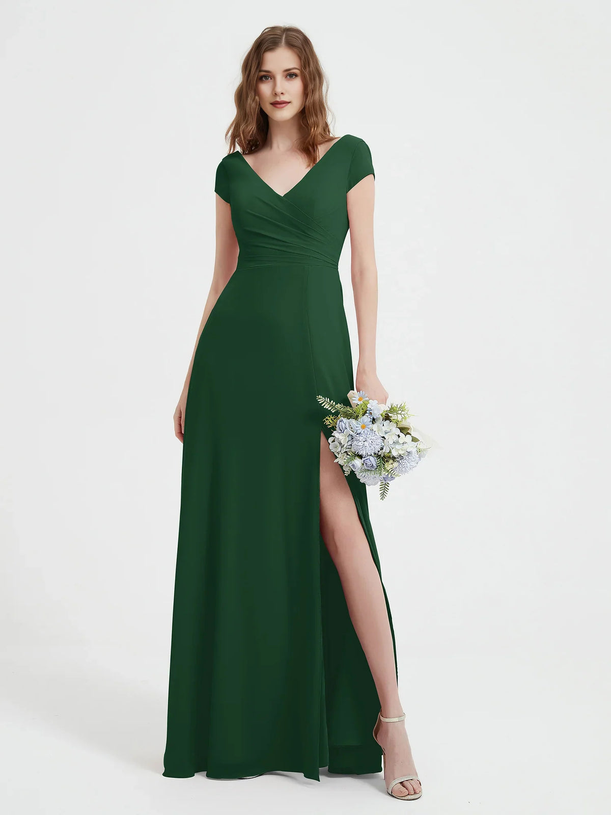 Ruched Side-Slit Slit V Neck A-Line Maxi Chiffon Bridesmaid Dress for Wedding Ceremony