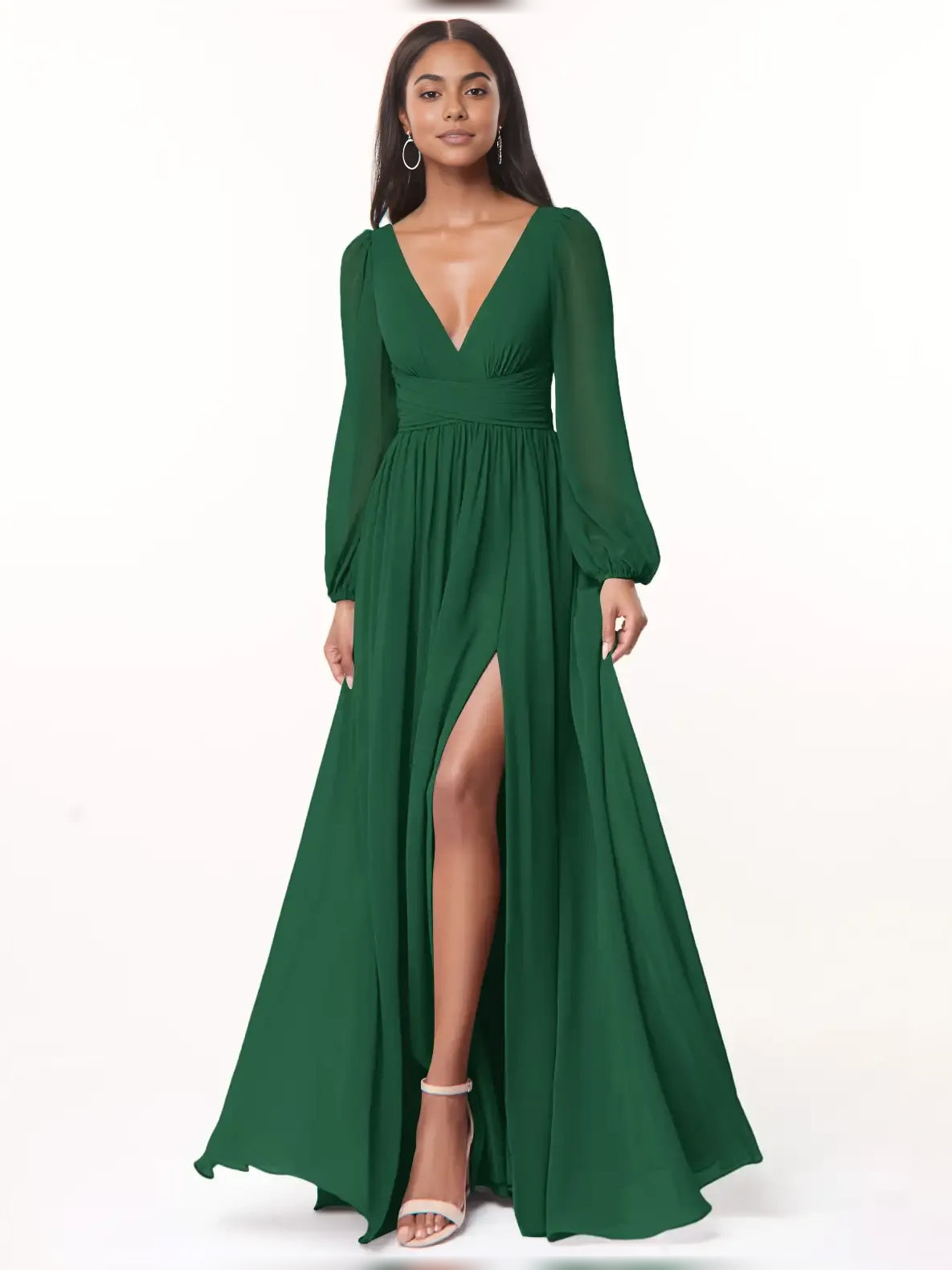 Slit Plunging Neckline A-Line Floor-Length Chiffon Bridesmaid Dress for Wedding Ceremony