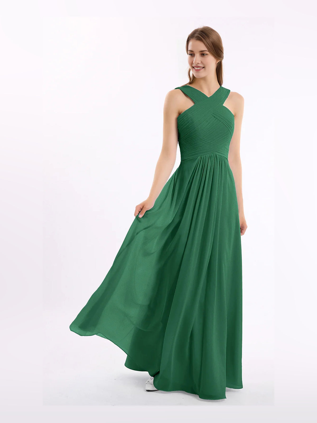 Pleated Halter Neck A-Line Maxi Chiffon Bridesmaid Dress for Estate Wedding