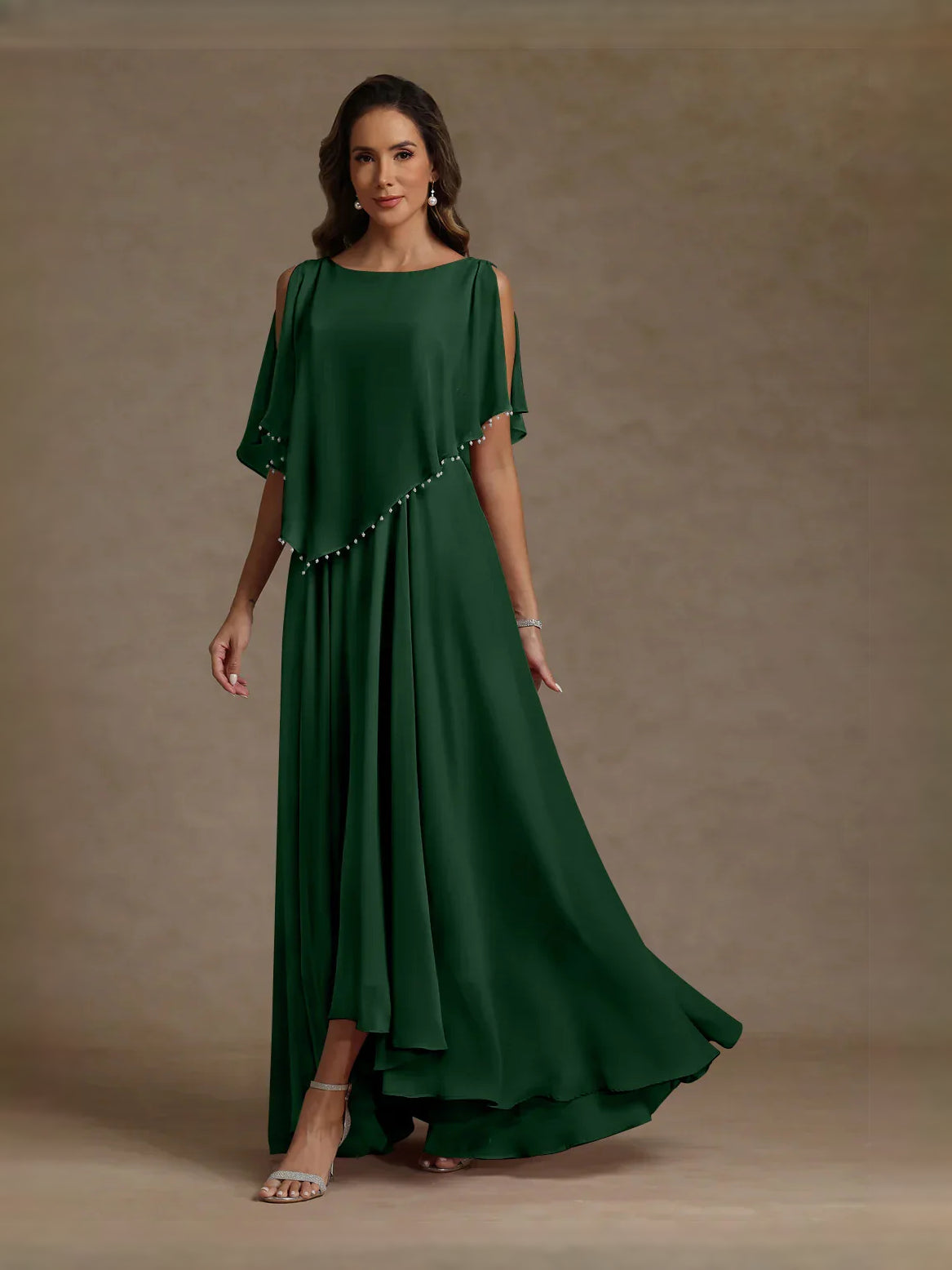 Draped Beaded A-Line Floor-Length Chiffon Mother of the Bride Dress for Engagement Dinner