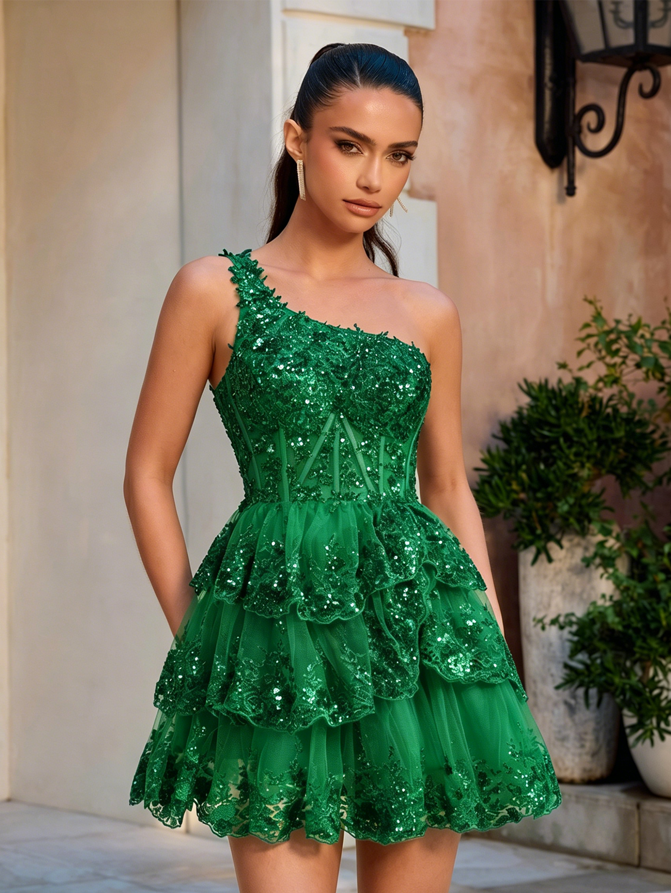 One Shoulder Sequin Lace Corset Tiered Homecoming Dress