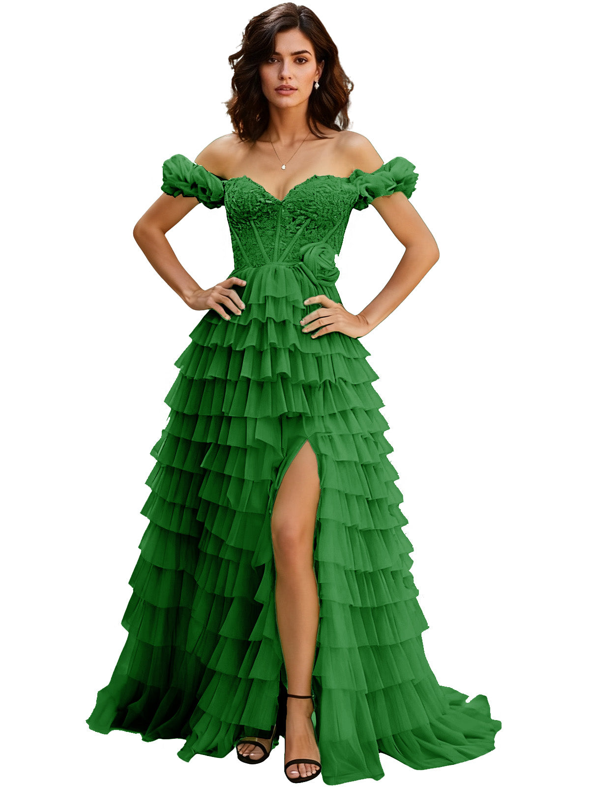 Off Shoulder Tulle Ball Gown Prom Dress with Ruffle Sleeves and Slit