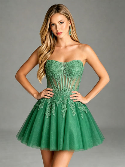 Strapless Lace Applique Glitter Tulle Homecoming Dress