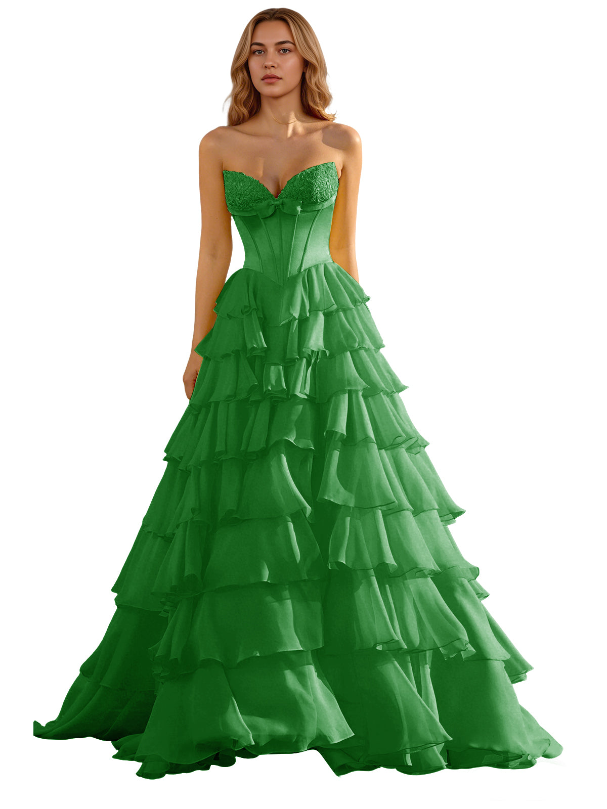 Strapless Tiered Organza Ball Gown Prom Dress with Corset Top