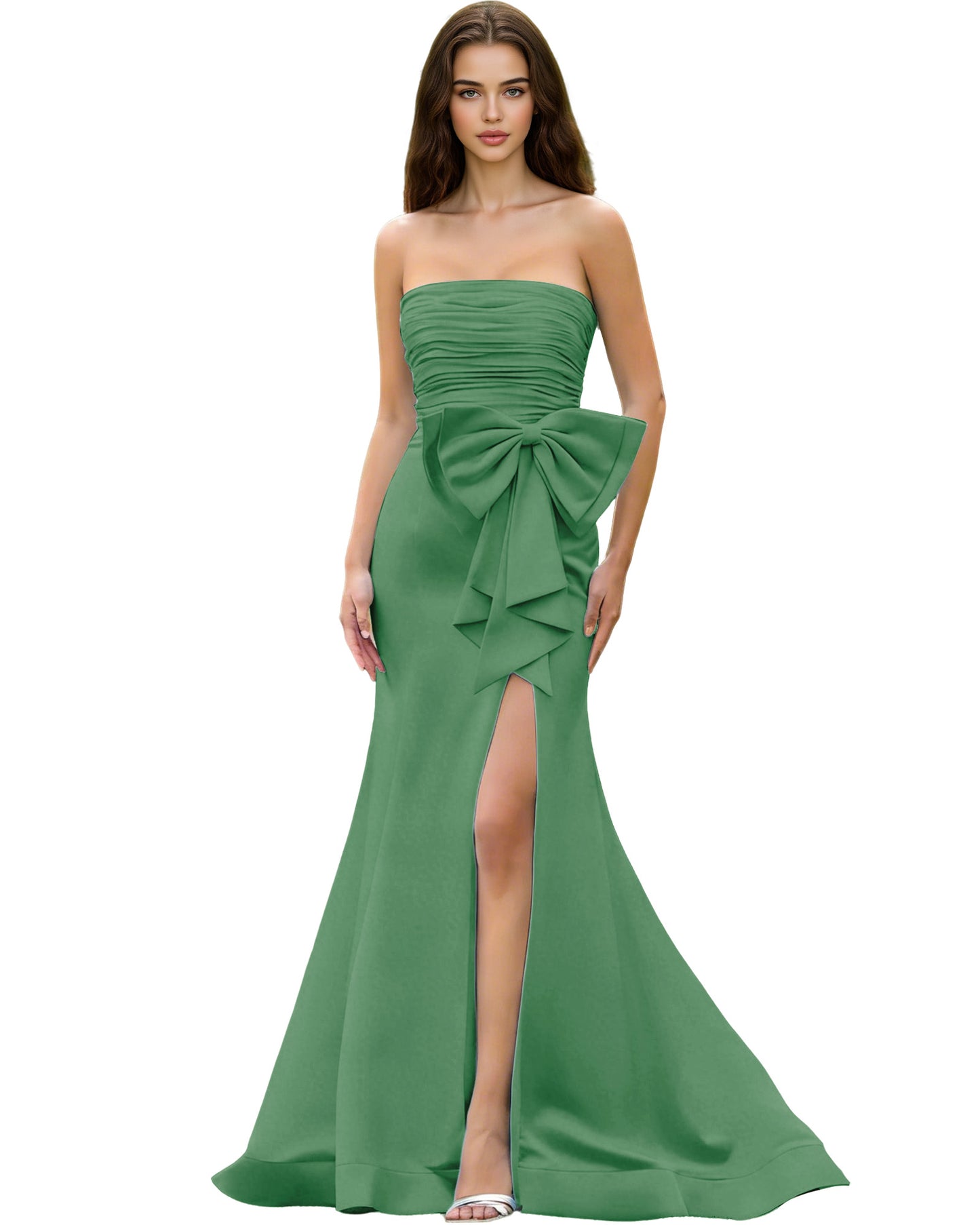 Strapless Bow Detail Satin Prom Dress with Ruched Bodice and Slit
