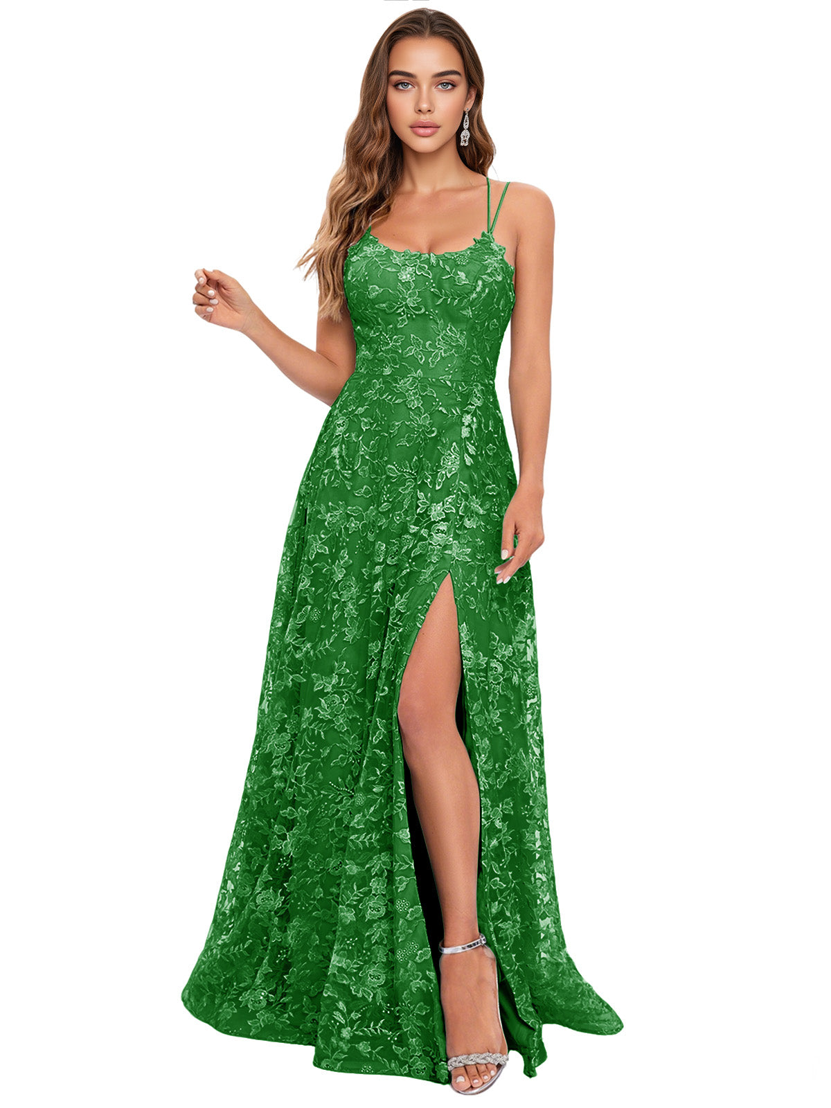 Scoop Neck Lace A-Line Prom Dress with Spaghetti Straps and Side Slit