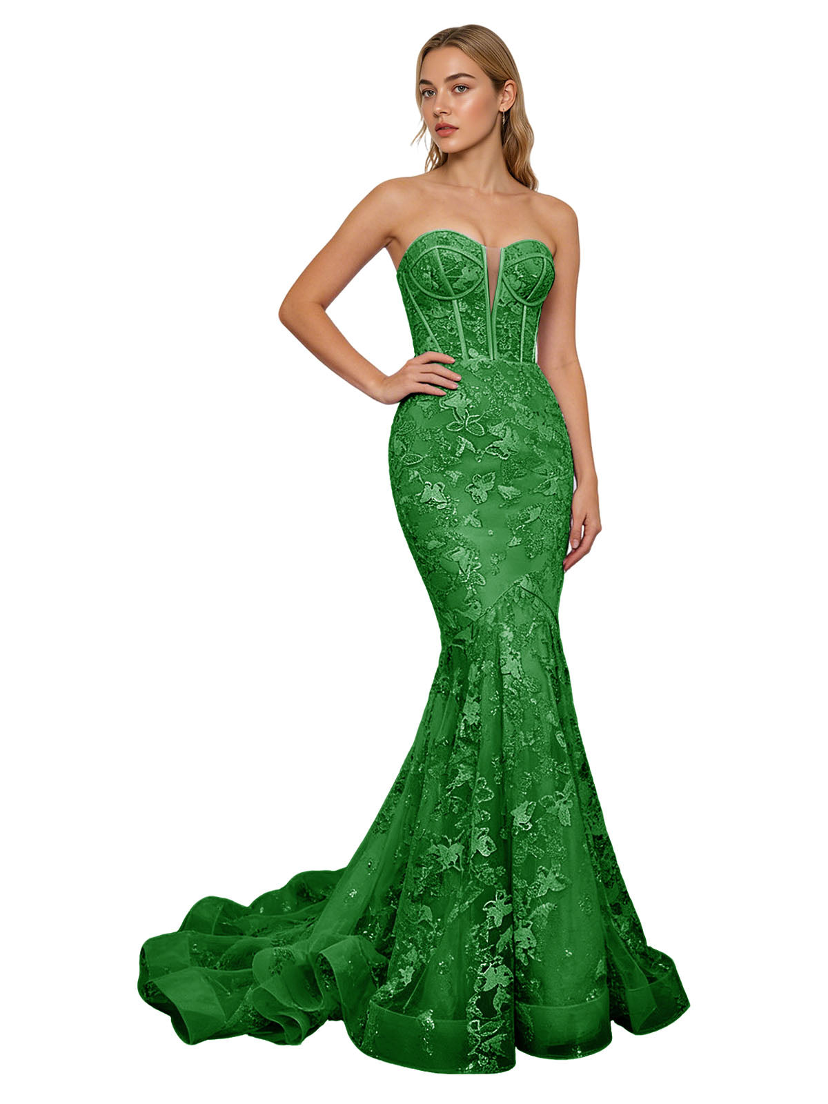 Strapless Lavender Lace Mermaid Prom Dress with Sheer Corset and Train