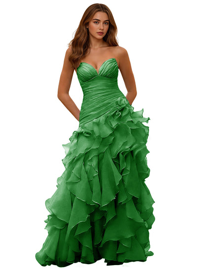 Strapless Organza Ruffle Ball Gown Prom Dress with Draped Corset Bodice