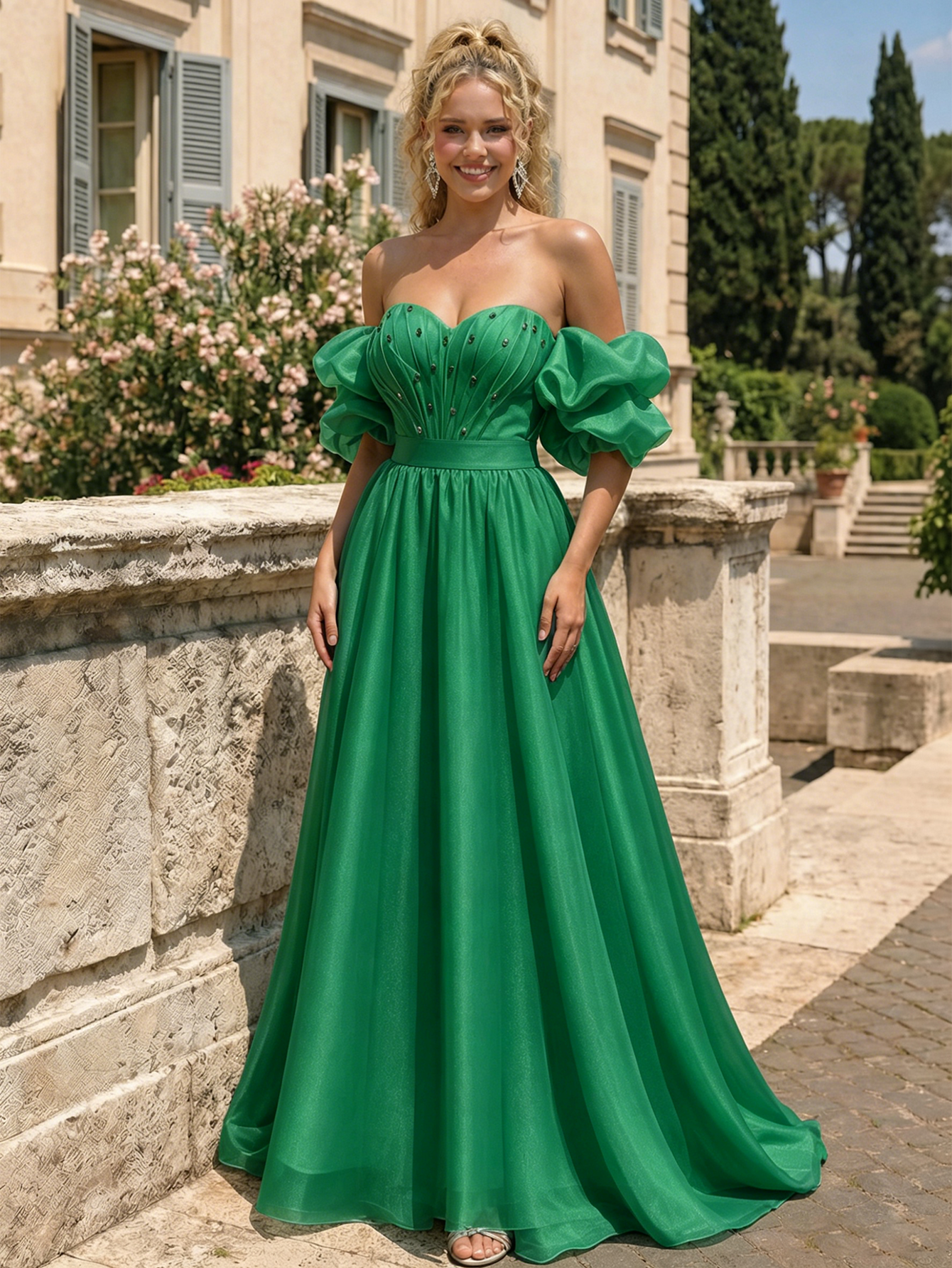 Off The Shoulder Sweetheart A-Line Prom Dress with Puff Sleeves