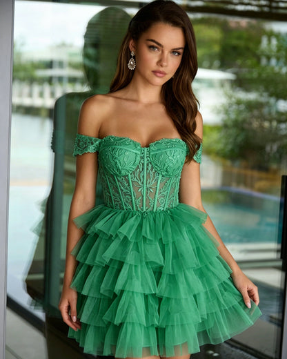 Off Shoulder Lace Corset Tulle Homecoming Dress with Tiered Layers