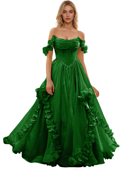 Off Shoulder Ruffle Tulle Ball Gown Prom Dress with Floral Applique