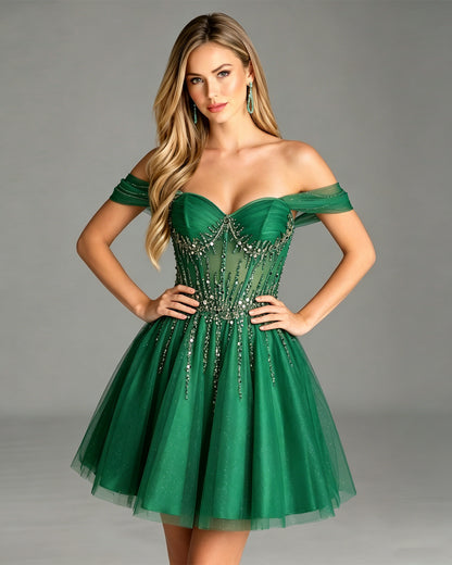 Off Shoulder Beaded Corset Tulle A-Line Homecoming Dress