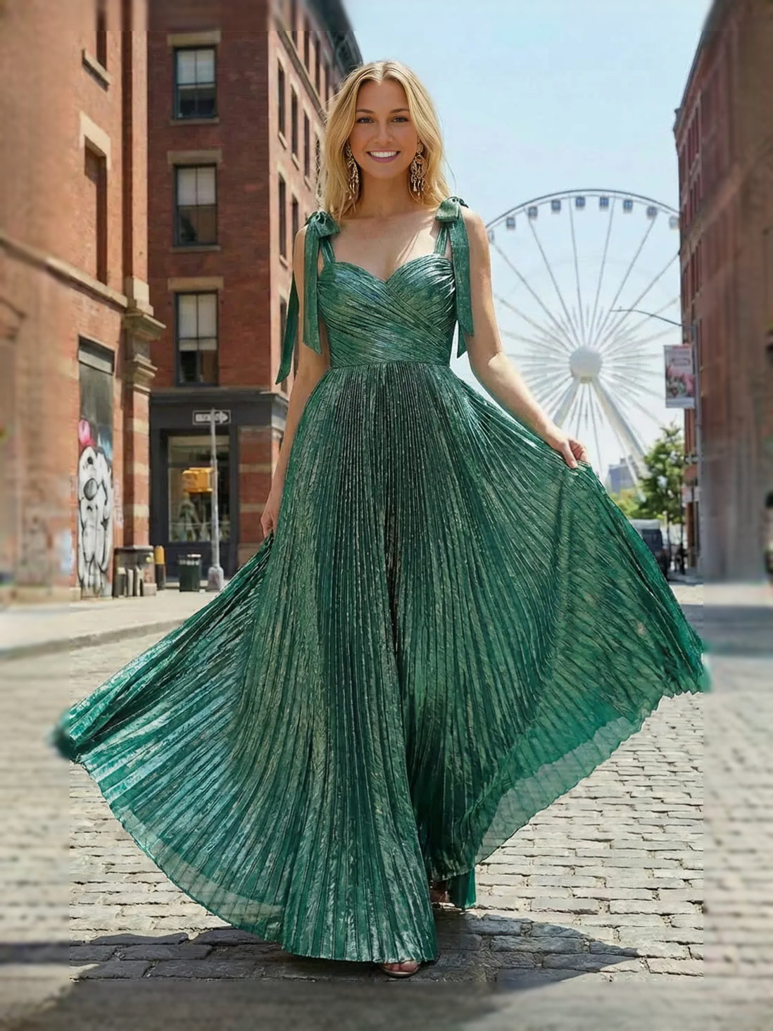 Green Pleated Bow Sweetheart A-Line Maxi Prom Dress for Special Occasion