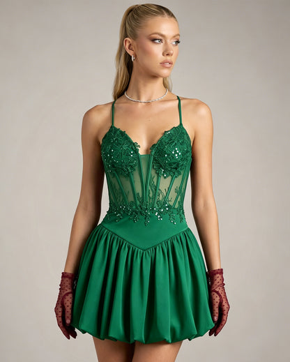 Spaghetti Strap Lace Corset Homecoming Dress with Flared Skirt