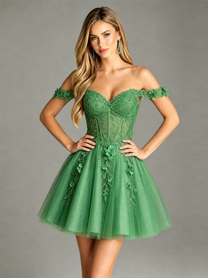 Off Shoulder 3D Floral Corset Glitter Tulle Homecoming Dress