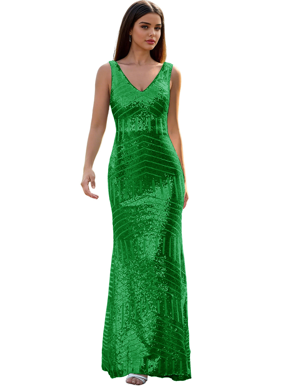 V-Neck Sequin Column Prom Dress with Beaded Waist and Low Back