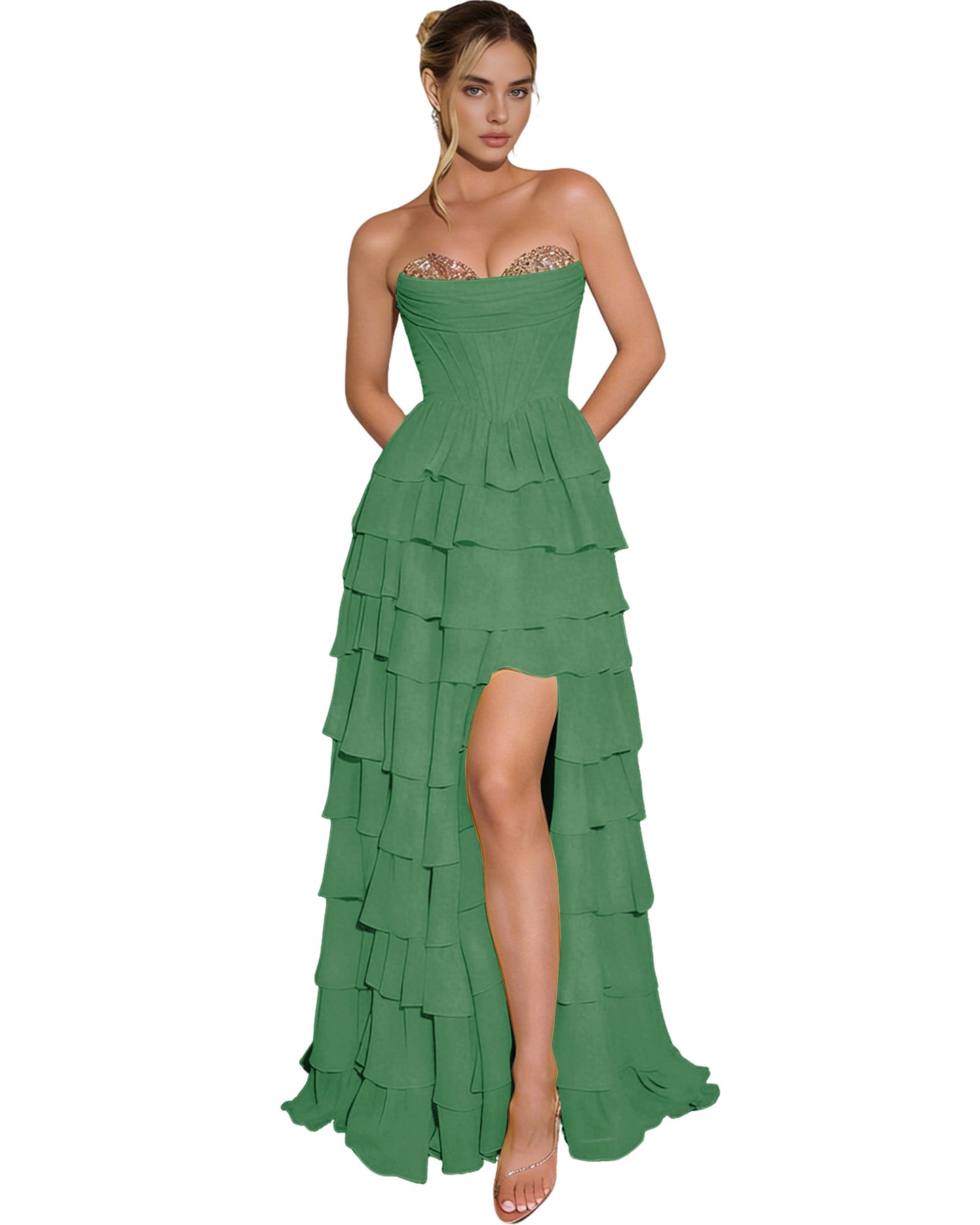Strapless Layered Tulle Prom Dress with Corset Bodice and High Low Hem