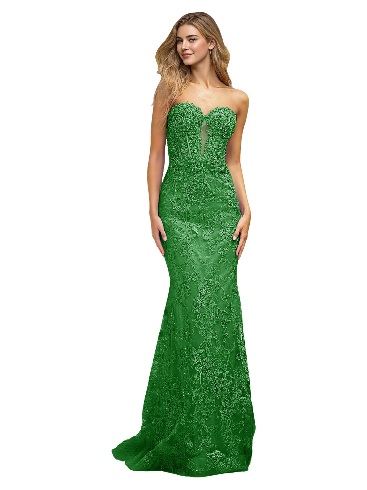 Strapless Floral Lace Mermaid Prom Dress with Sparkle Applique and Train