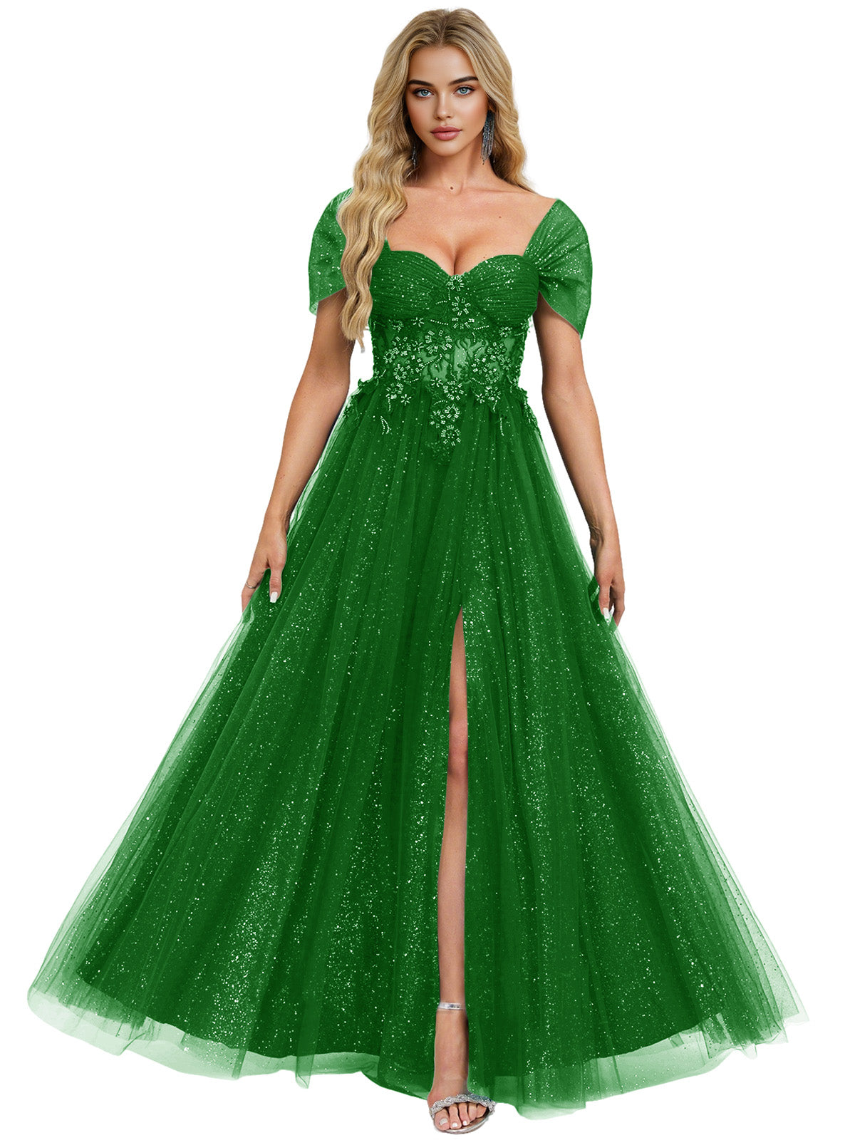 Short Sleeve Glitter Tulle Prom Dress with Illusion Bodice and Slit