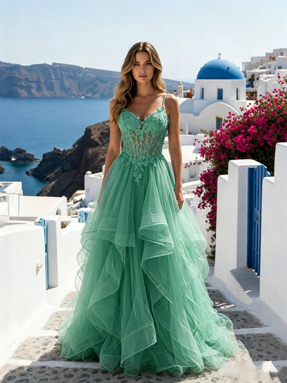 Spaghetti Strap Lace Corset Tulle Prom Dress with Ruffle Skirt