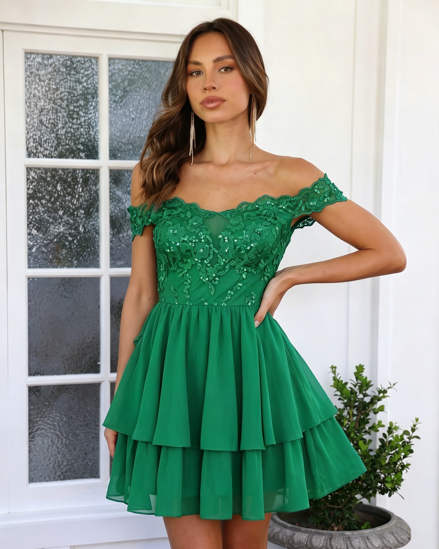 Off Shoulder Lace A-Line Homecoming Dress with Tiered Skirt