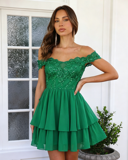 Off Shoulder Lace A-Line Homecoming Dress with Tiered Skirt