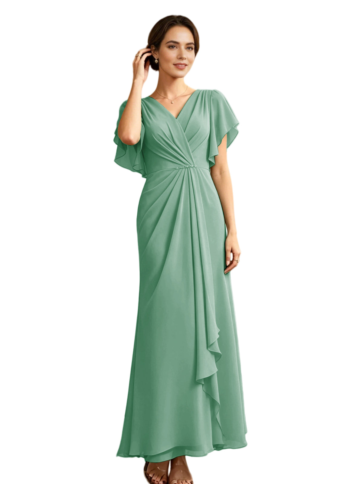 Long Chiffon Mother of the Bride Dress V-Neck Flutter Sleeve A-Line Gown with Beaded Waist