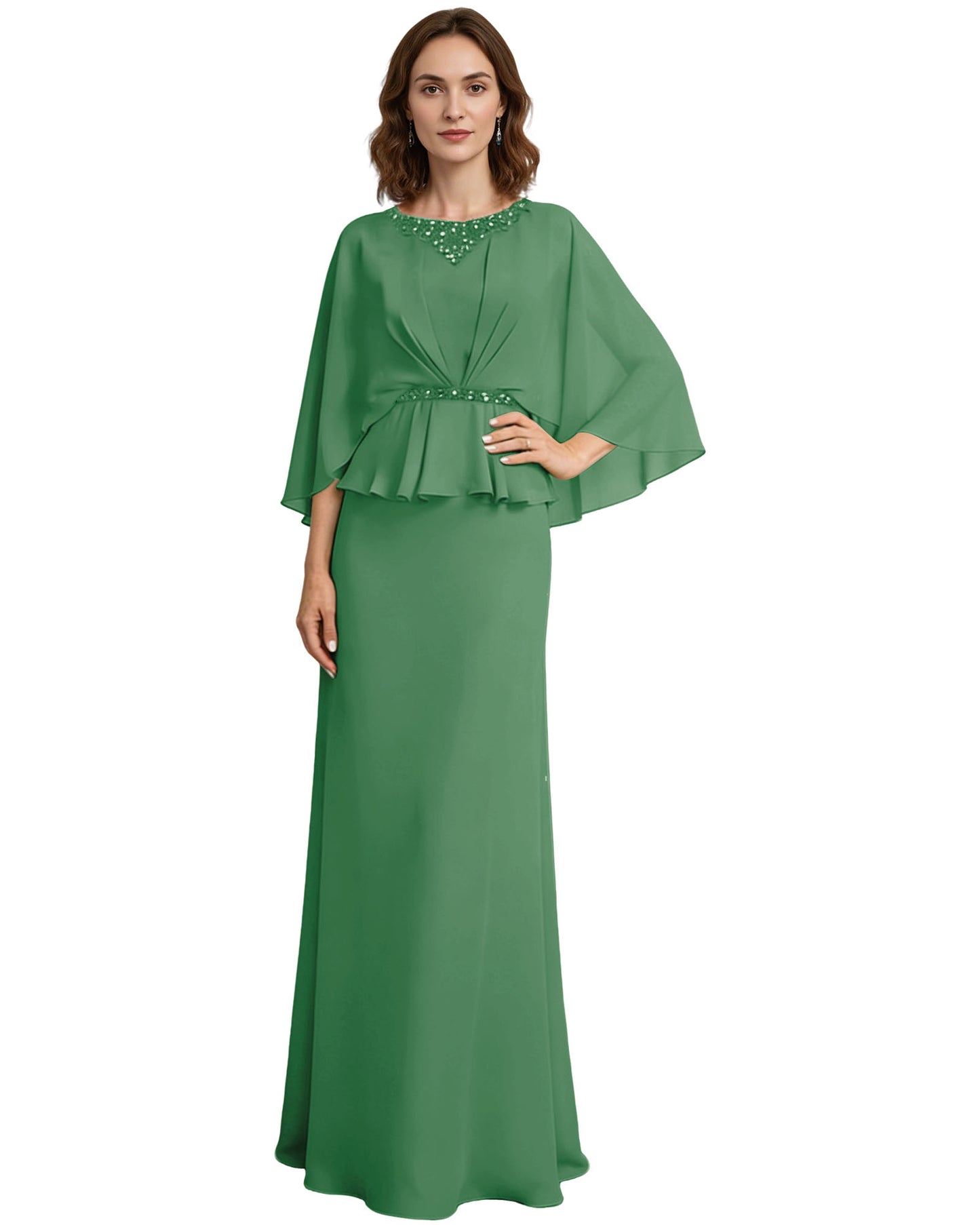 Capelet Mother of the Bride Dress Long Beaded Neck Peplum Chiffon Formal Gown