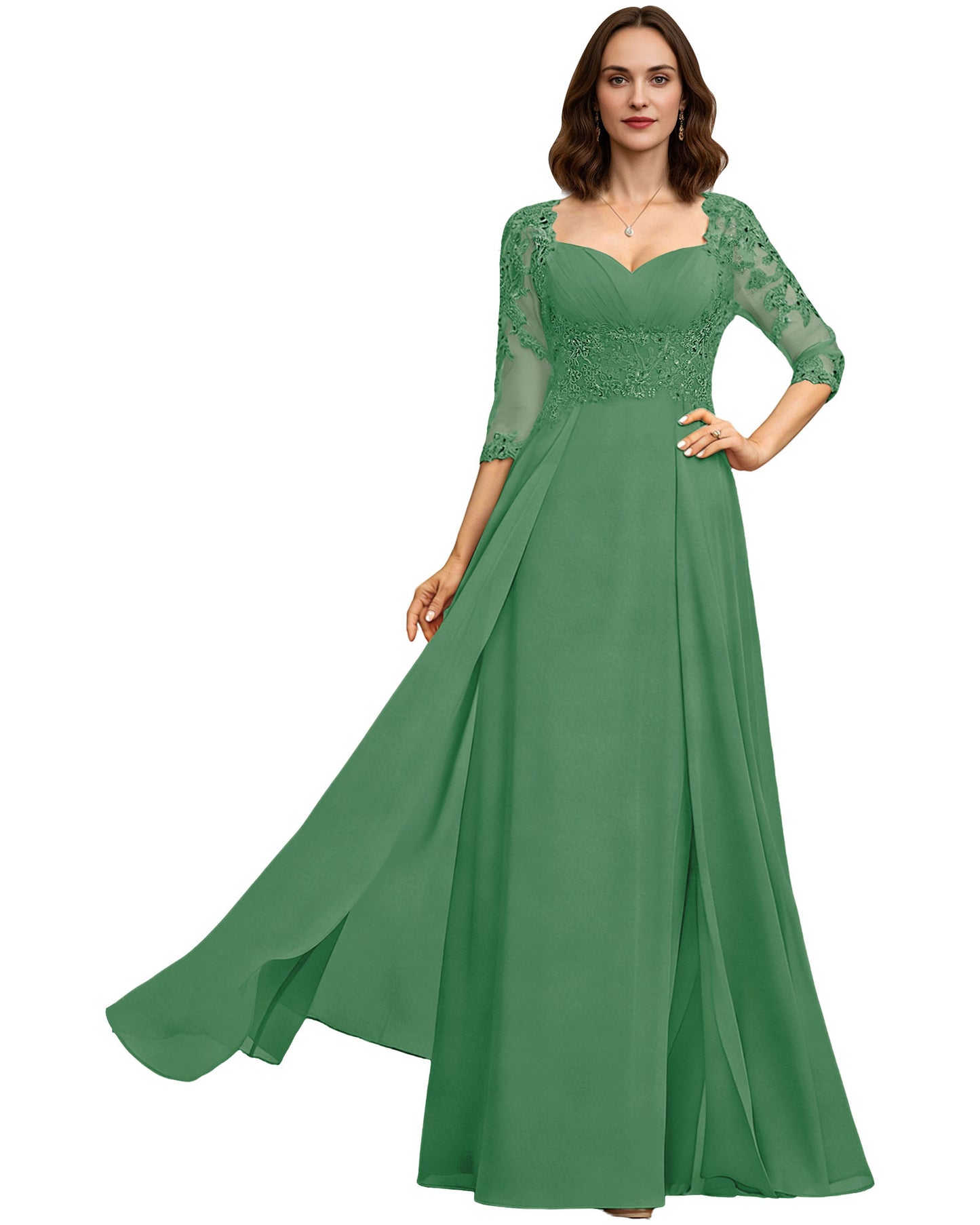 Long Sweetheart Mother of the Bride Dress Lace 3/4 Sleeve Chiffon A-Line Gown