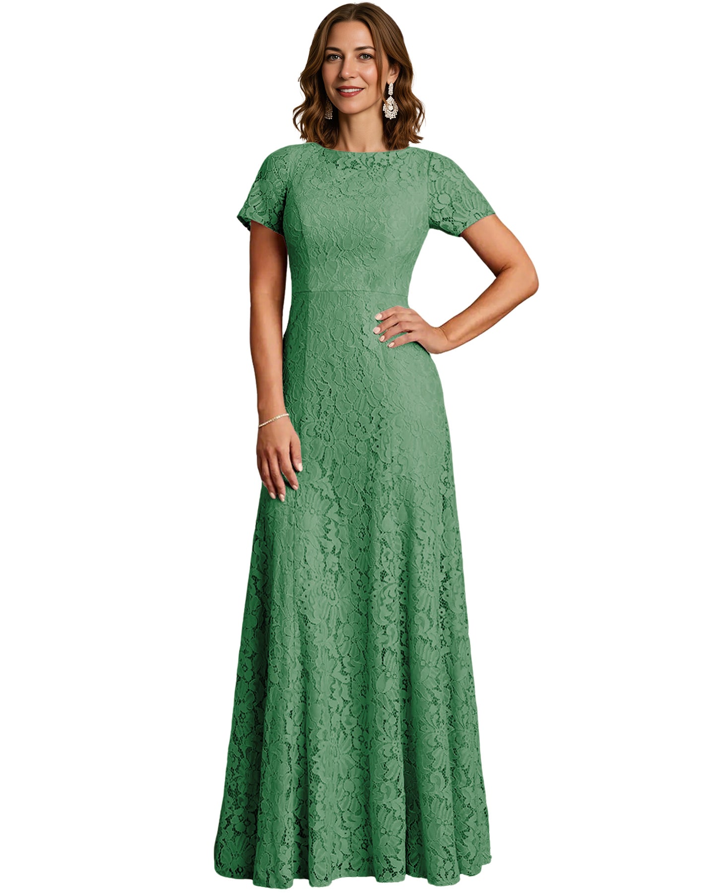 Long Lace Mother of the Bride Dress Short Sleeve Mermaid Gown with Crew Neckline