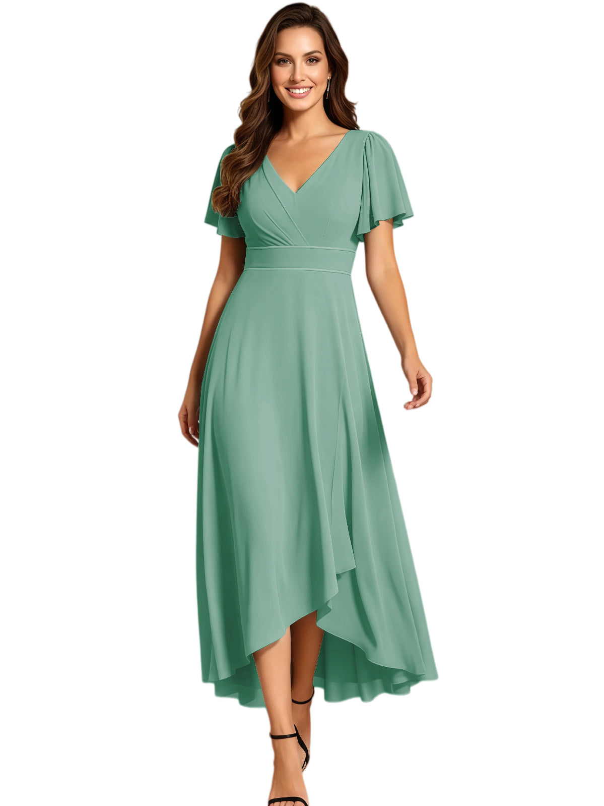 High Low Mother of the Bride Dress V-Neck Flutter Sleeve Chiffon Formal Gown