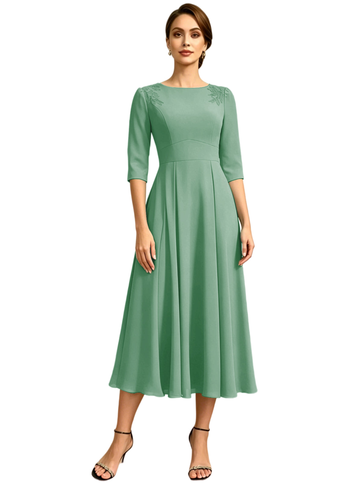 Tea Length Mother of the Bride Dress Jewel Neck Chiffon A-Line Formal Gown with Embroidery