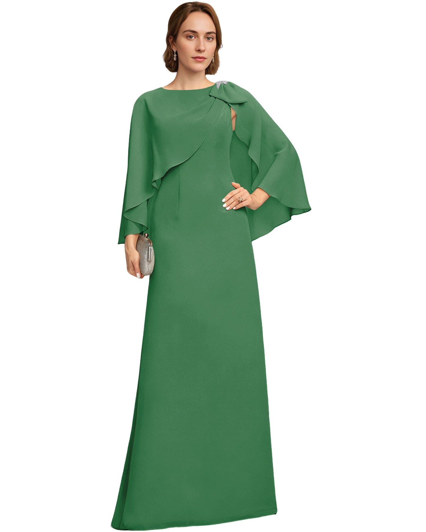 Long Cape Sleeve Mother of the Bride Dress Jewel Neck Chiffon Column Gown with Bow Detail