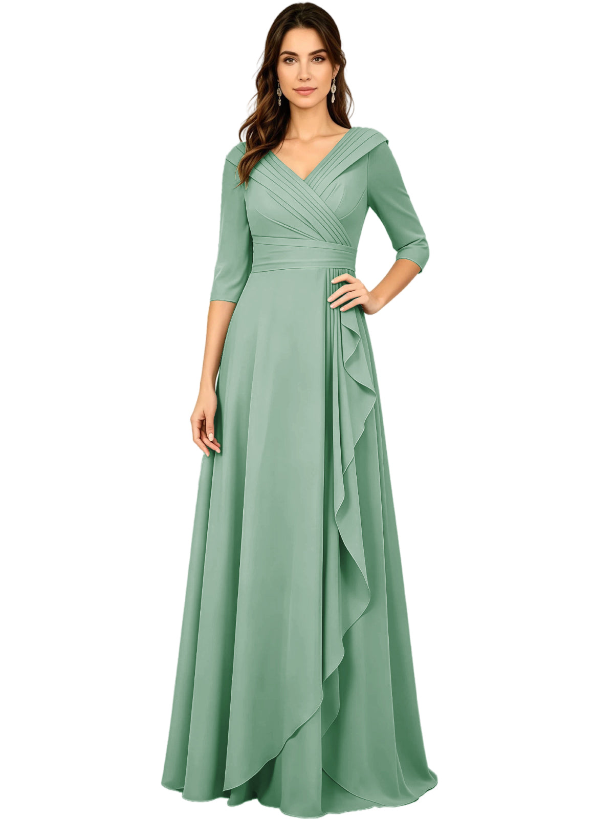 Long V-Neck Mother of the Bride Dress Chiffon Half Sleeve A-Line Gown with Side Ruffle