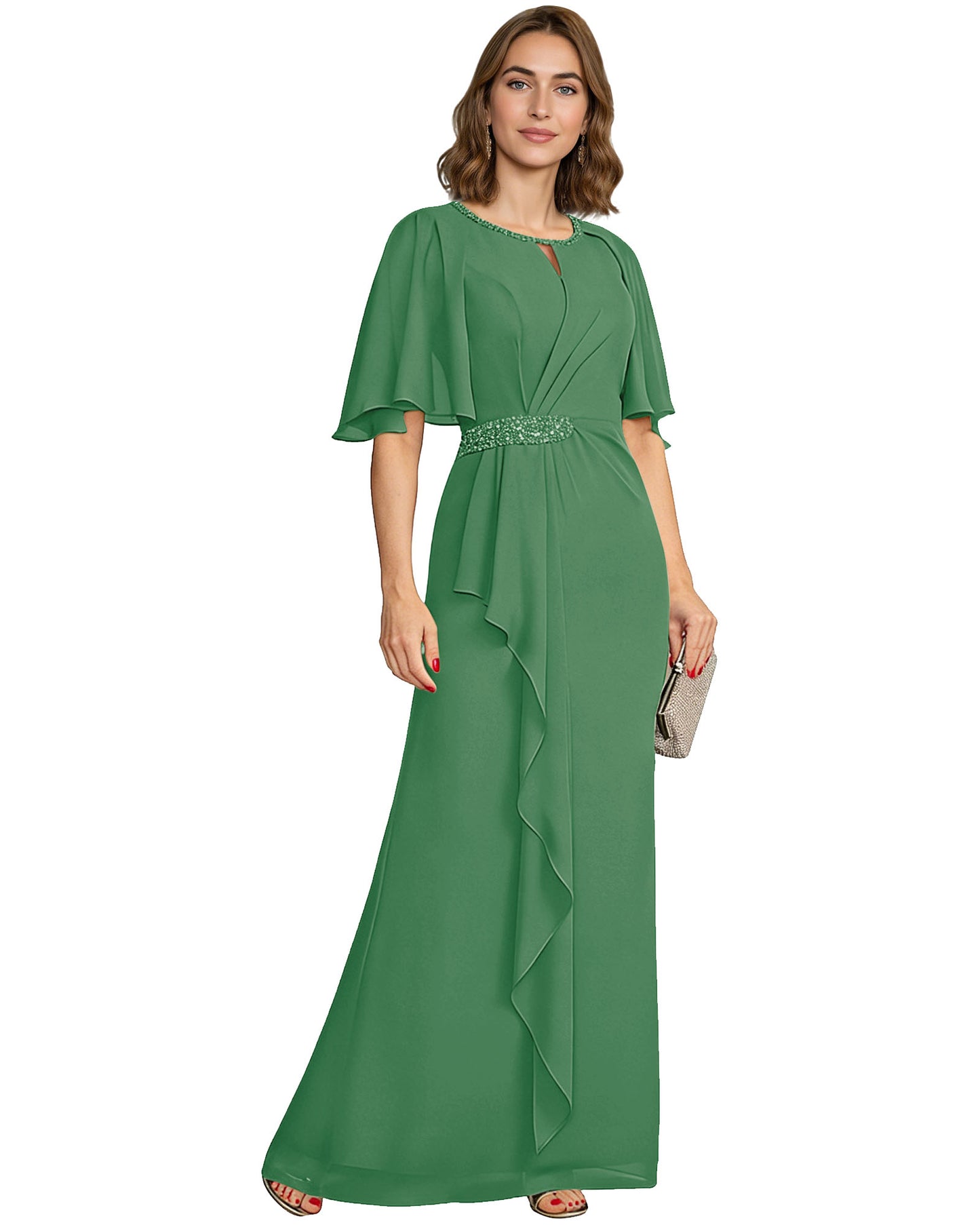 Long Mother of the Bride Dress Chiffon Flutter Sleeve Beaded Waist Formal A-Line Gown