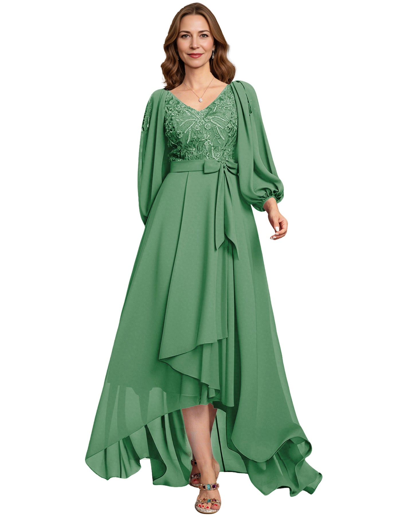 High Low Mother of the Bride Dress Lace Bodice Chiffon Jacket Formal Wedding Gown