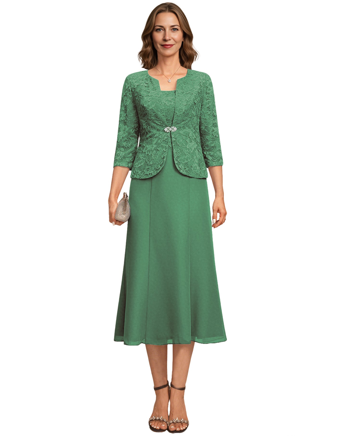 Tea Length Mother of the Bride Dress Lace Jacket Chiffon A-Line Wedding Guest Outfit