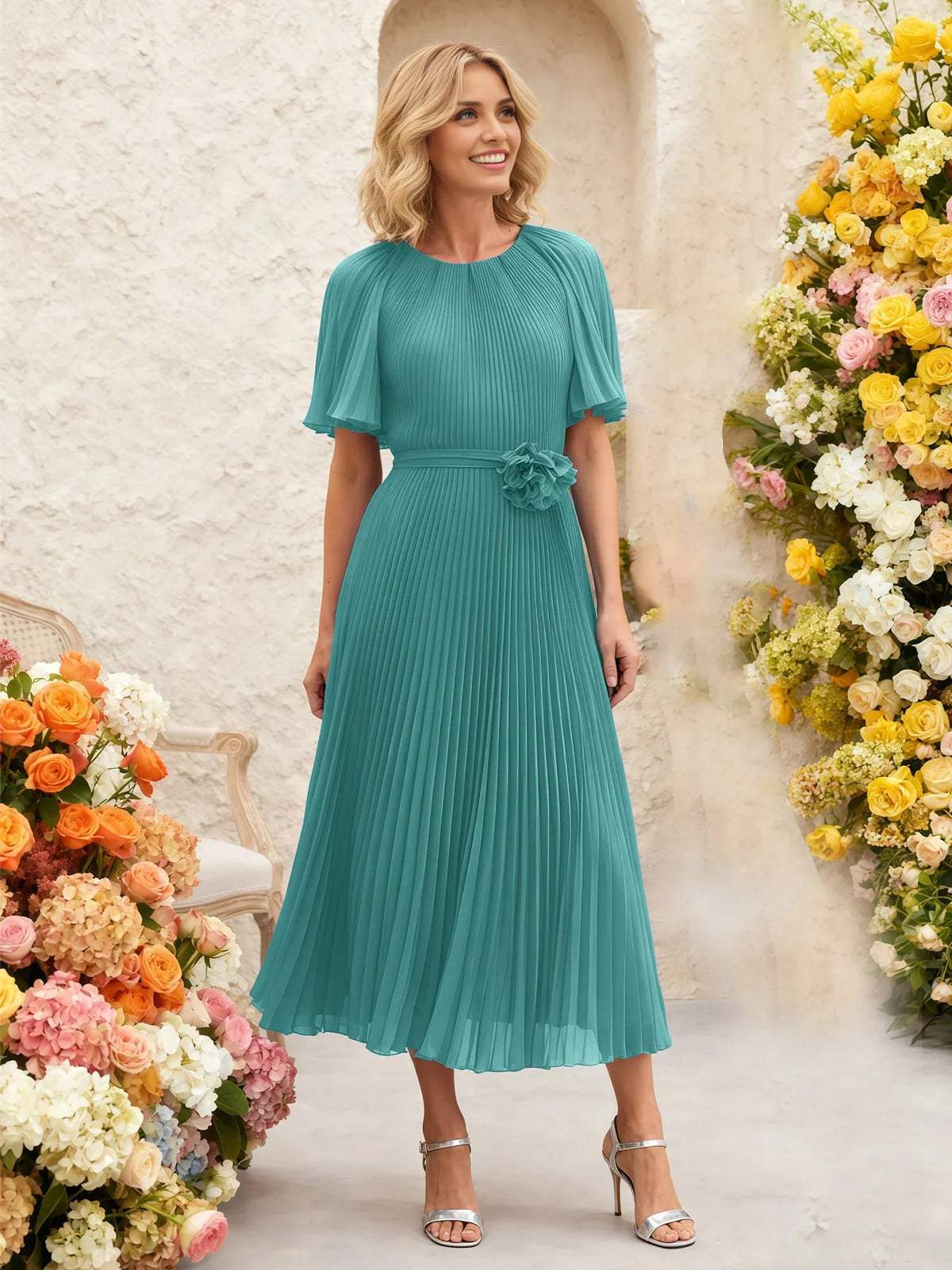 Pleated Draped Floral Flutter-Sleeve A-Line Midi Chiffon Mother of the Bride Dress for Garden Wedding