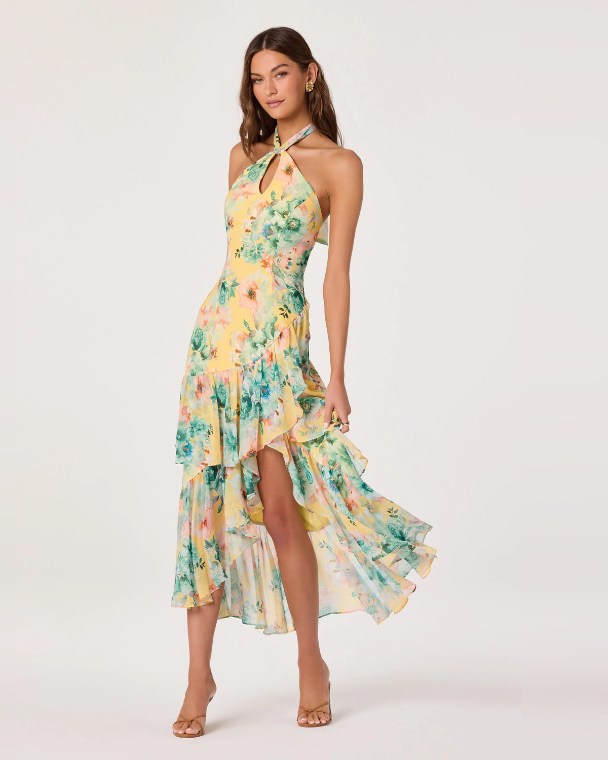 Floral Print Halter Neck A-Line High-Low Formal Dresses for Black Tie Event
