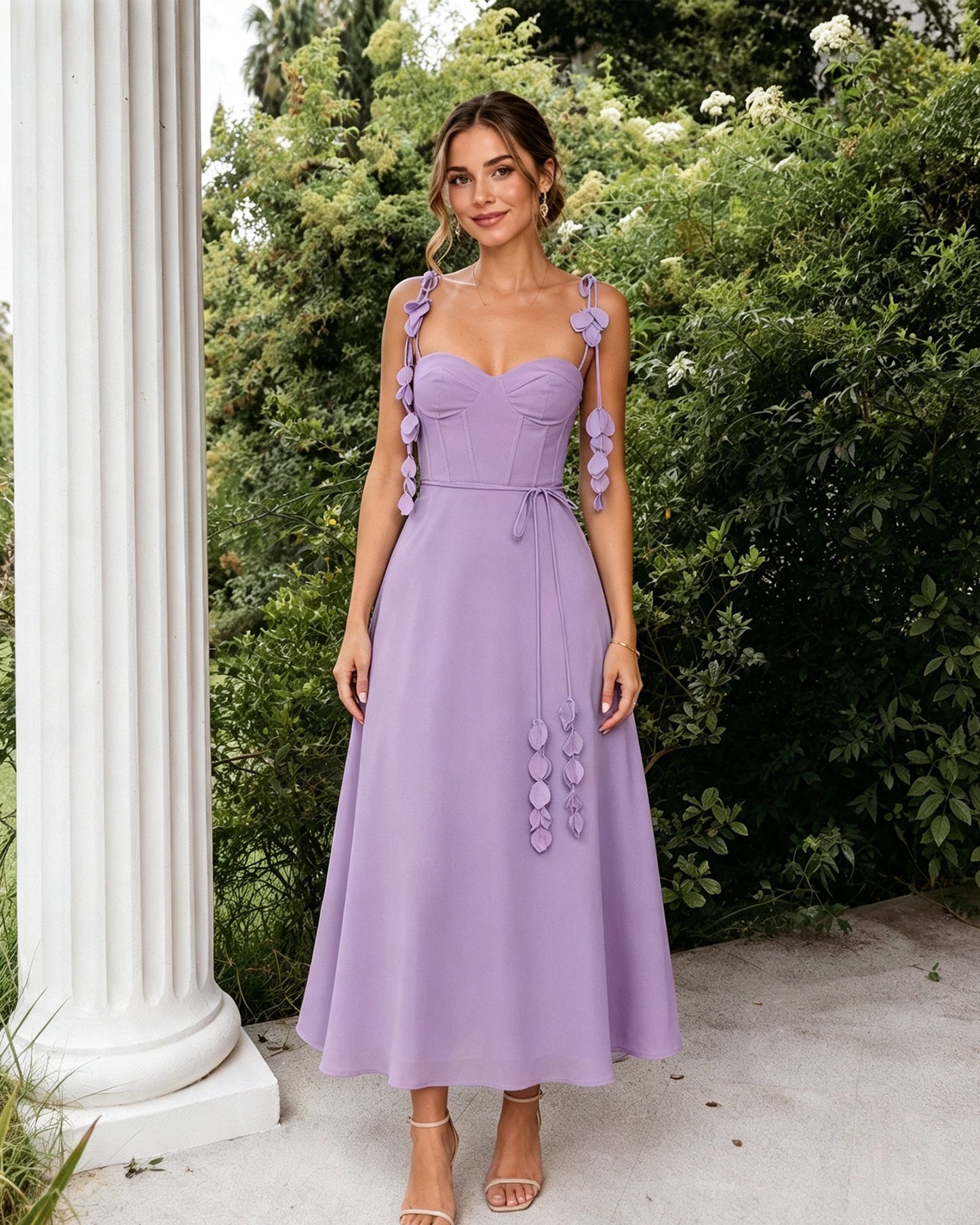Sweetheart Floral Strap A-Line Midi Bridesmaid Dress with Corset Bodice