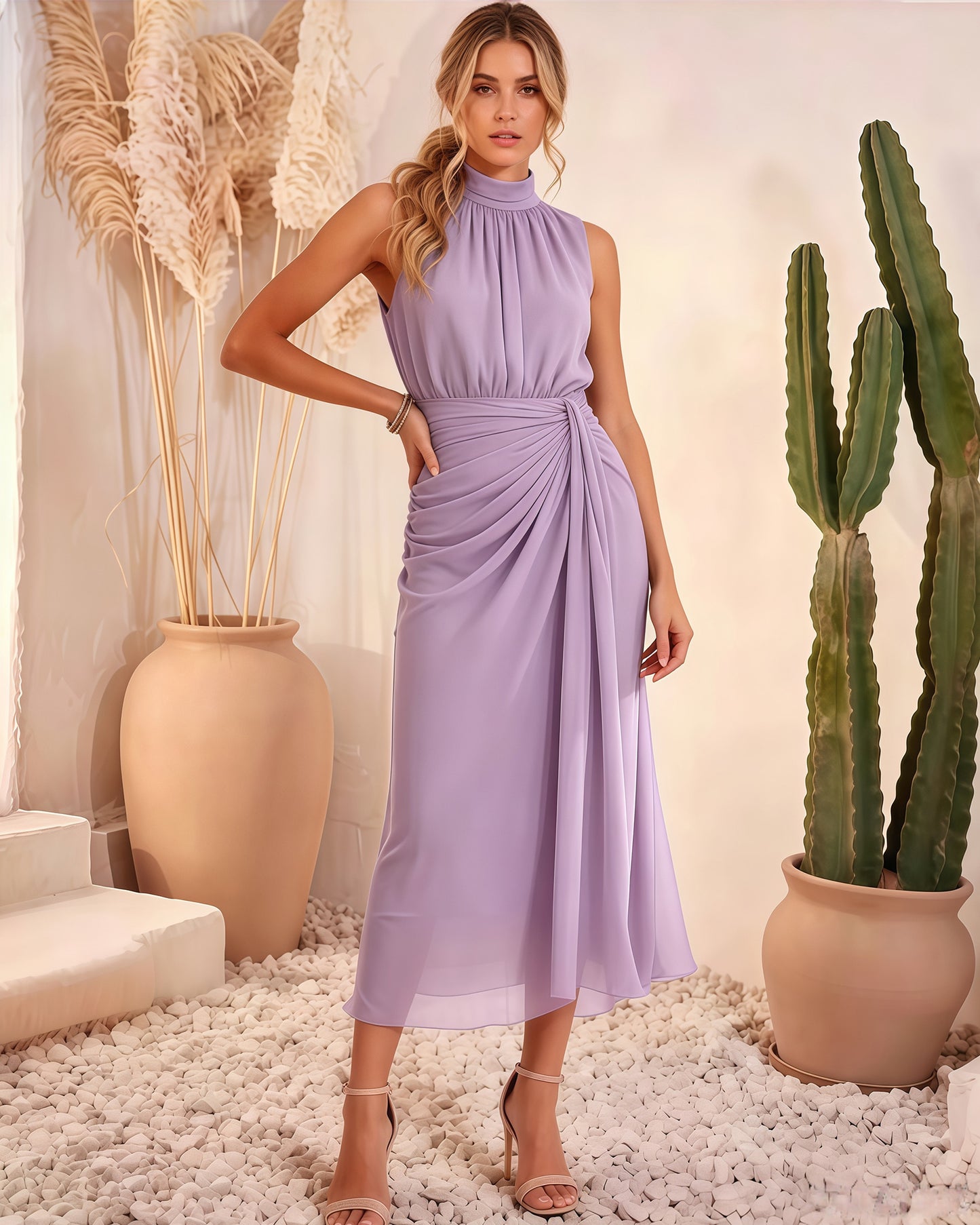 High Neck Chiffon Midi Formal Dress with Ruched Waist