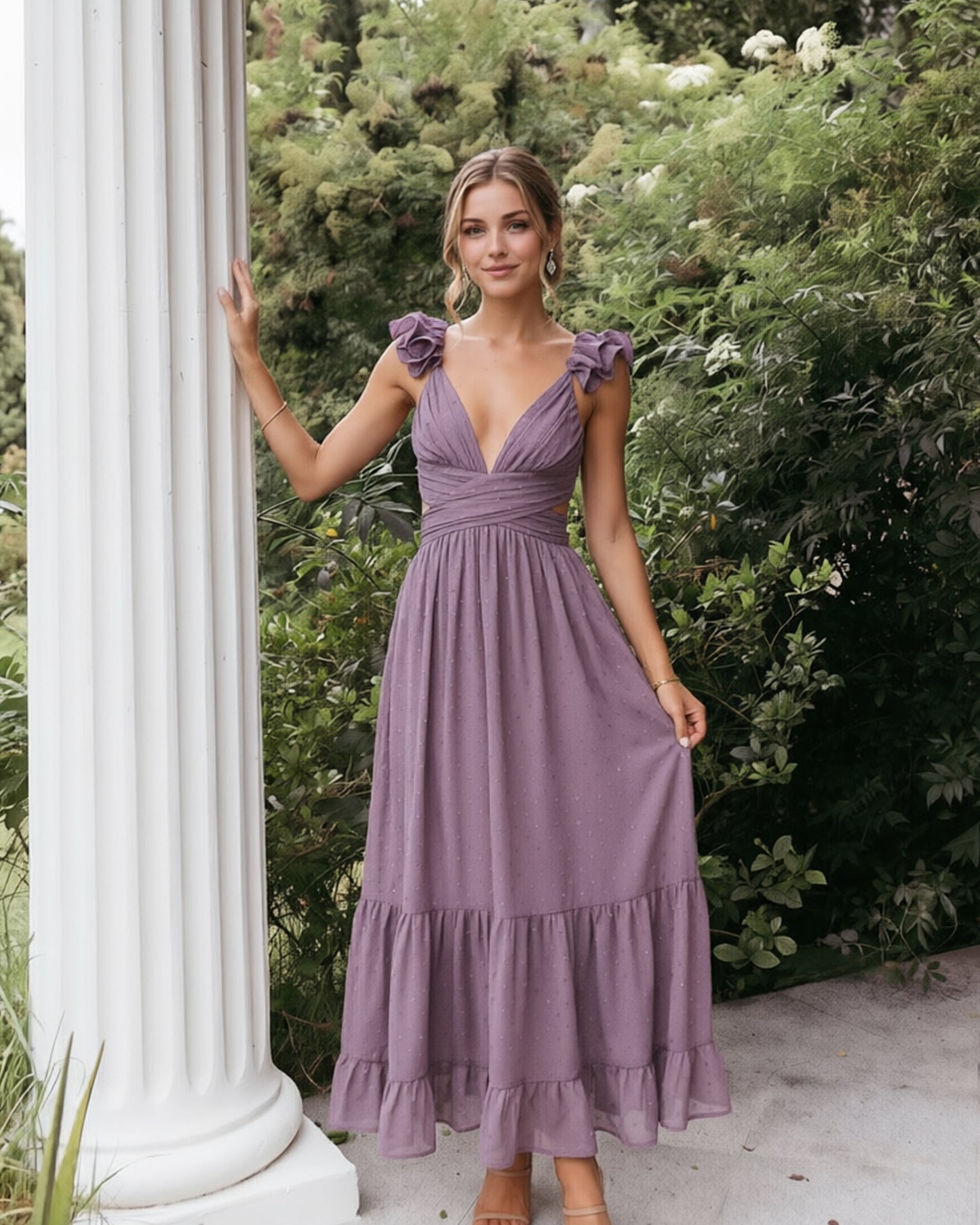 Deep V-Neck Swiss Dot Chiffon Bridesmaid Dress with Ruffle Straps