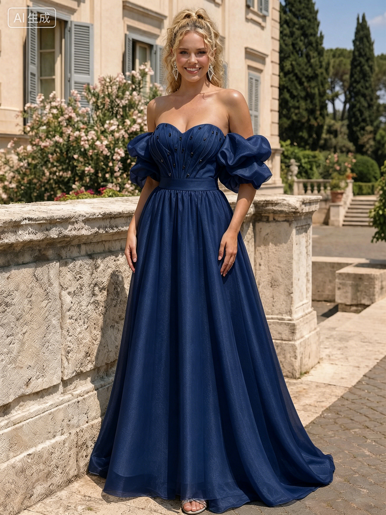 Off The Shoulder Sweetheart A-Line Prom Dress with Puff Sleeves