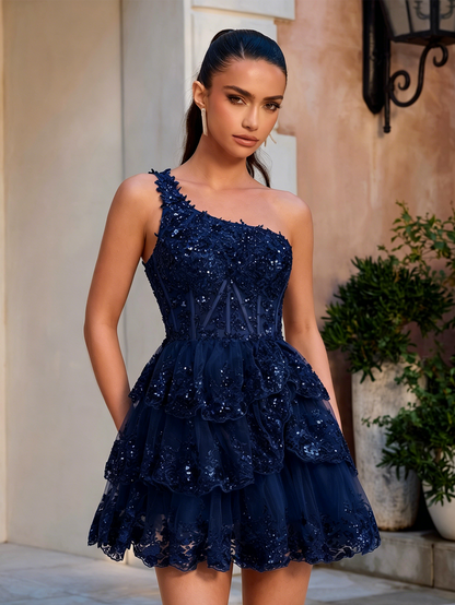 One Shoulder Sequin Lace Corset Tiered Homecoming Dress