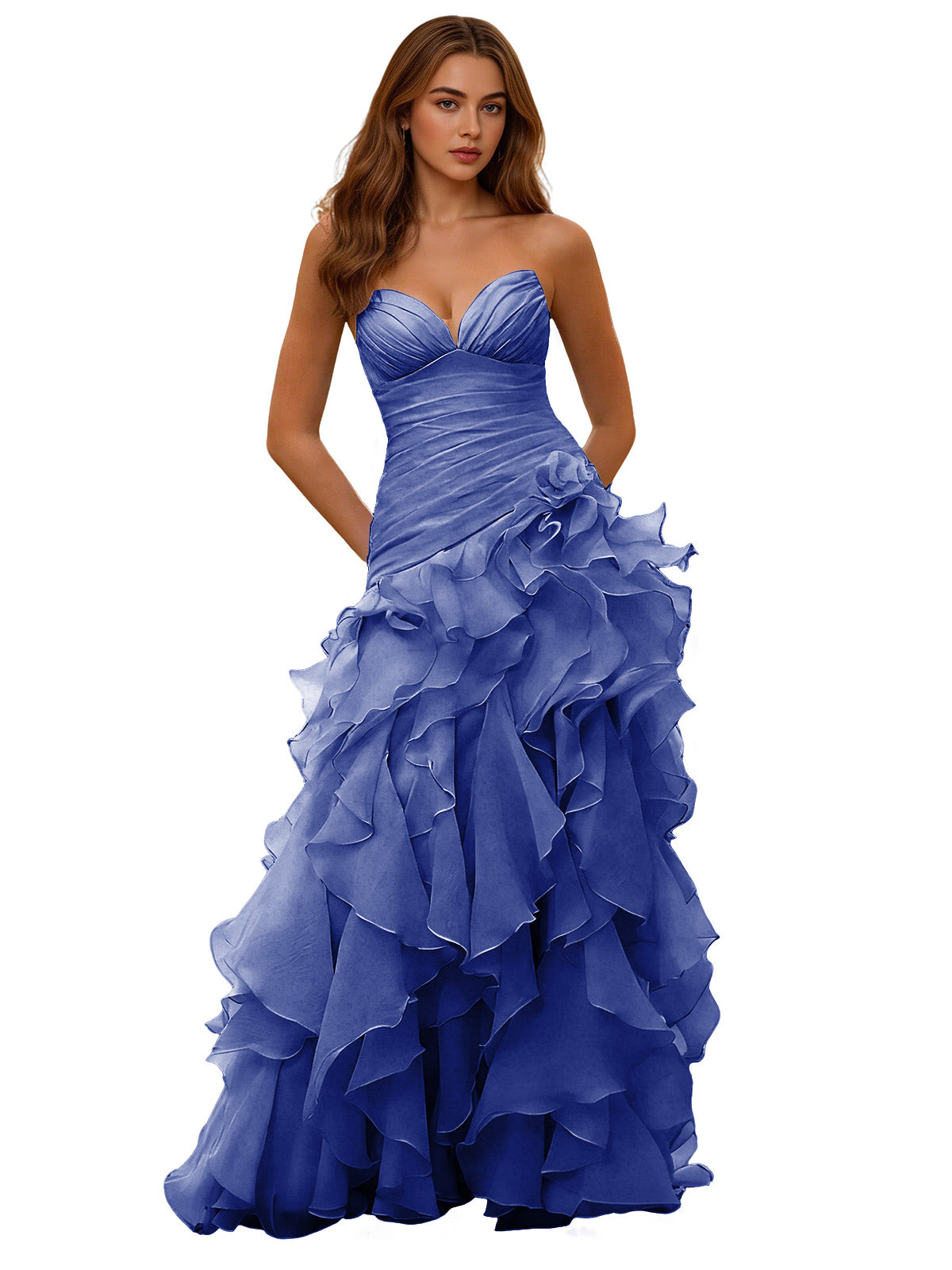 Strapless Organza Ruffle Ball Gown Prom Dress with Draped Corset Bodice