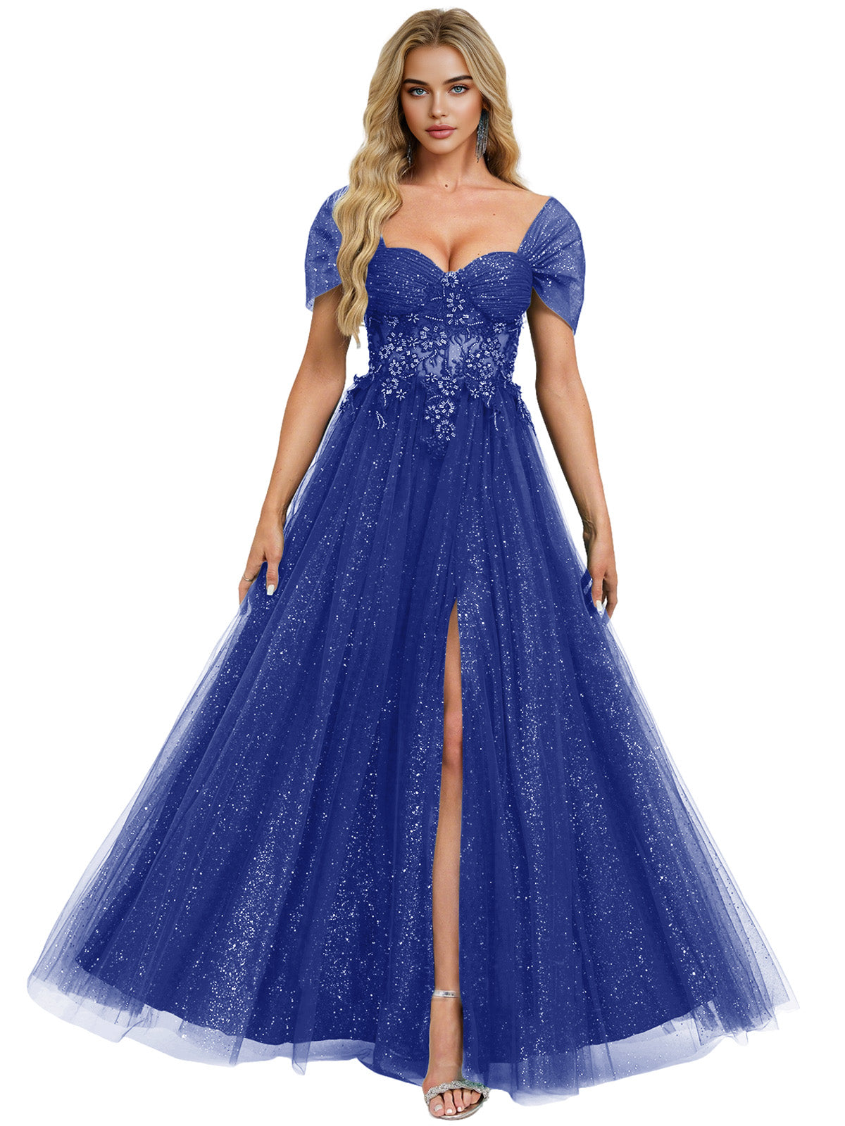 Short Sleeve Glitter Tulle Prom Dress with Illusion Bodice and Slit