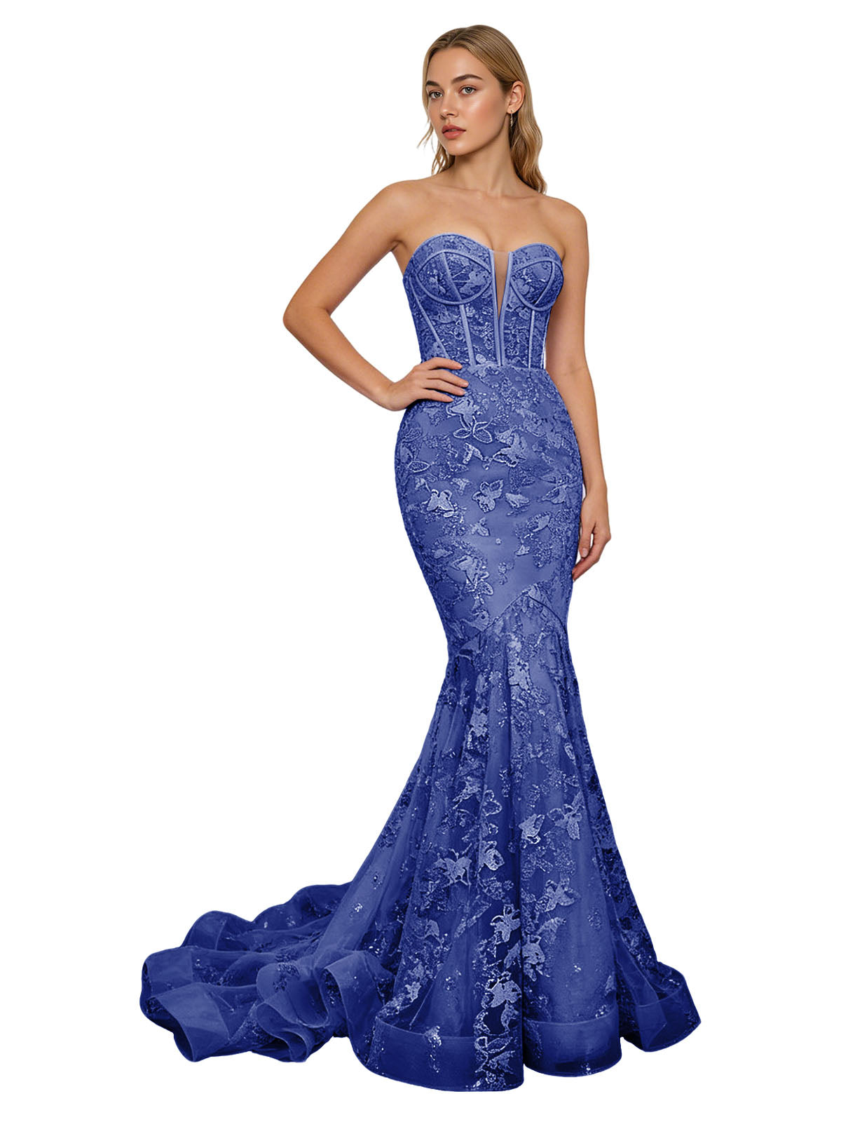 Strapless Lavender Lace Mermaid Prom Dress with Sheer Corset and Train