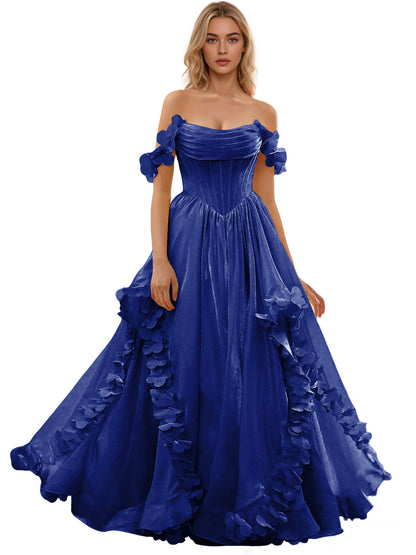 Off Shoulder Ruffle Tulle Ball Gown Prom Dress with Floral Applique